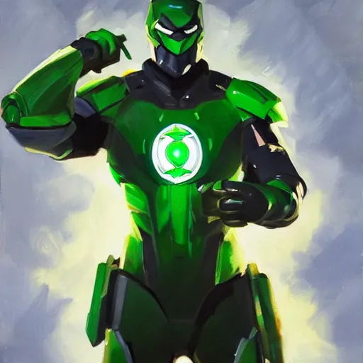 Image similar to greg manchess portrait painting of armored green lantern as overwatch character, medium shot, asymmetrical, profile picture, organic painting, sunny day, matte painting, bold shapes, hard edges, street art, trending on artstation, by huang guangjian and gil elvgren and sachin teng