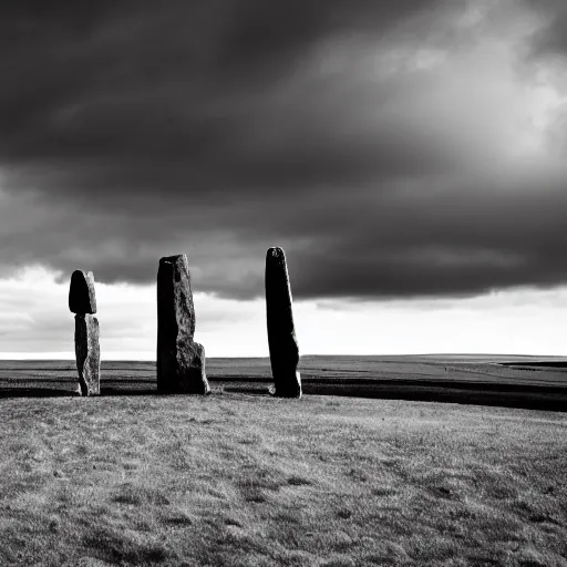 Prompt: a robed human figure stands among the neolithic standing stones of stenness, black and white, grainy, snow, brooding clouds, matte painting, concept art, 4k -W 1280