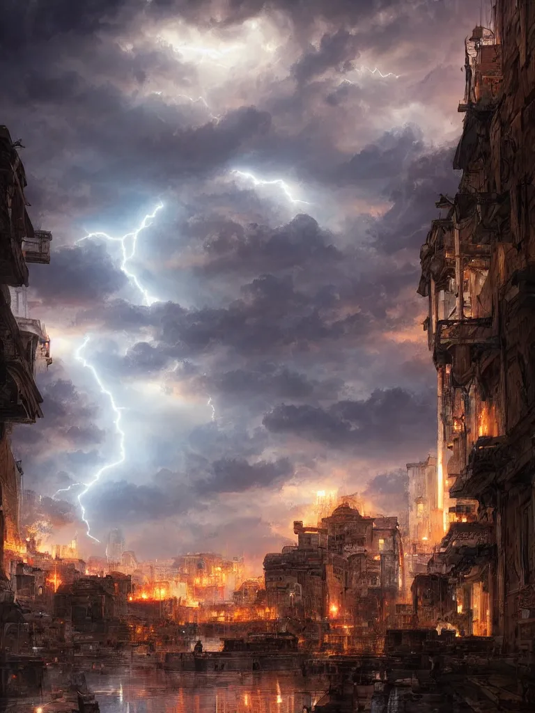 Image similar to epic scenery ancient city of troy under a sky full of lightning, intricate, elegant, volumetric lighting, digital painting, highly detailed, artstation, sharp focus, illustration, concept art, ruan jia, steve mccurry