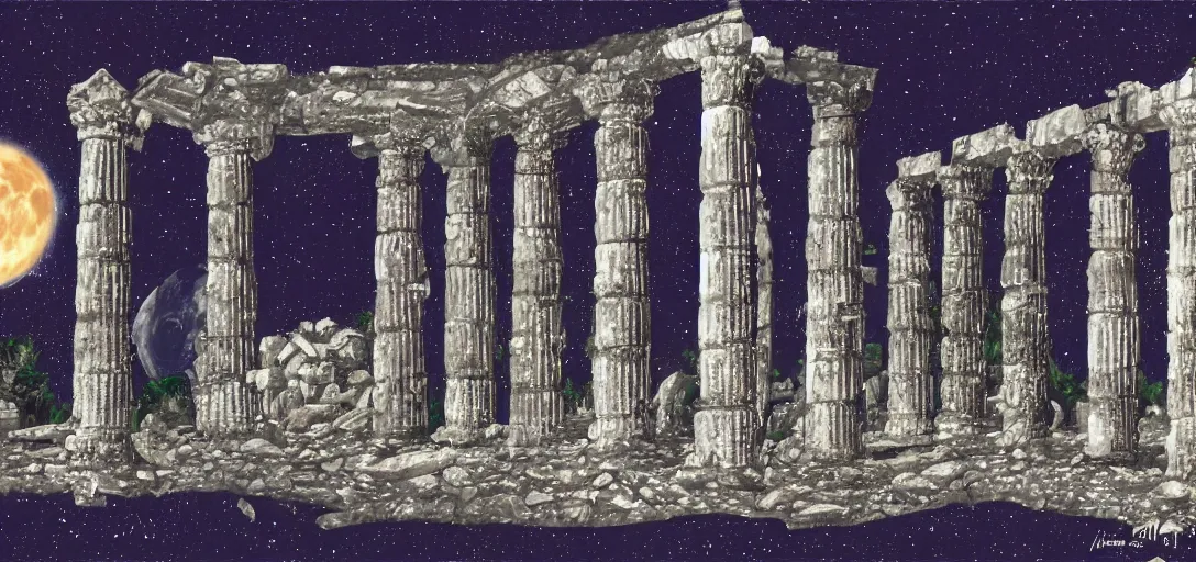 Image similar to The ruins of the Silver Millennium on the moon from Sailor Moon, digital painting, Earth in the distance, Greek-esque columns and ruins