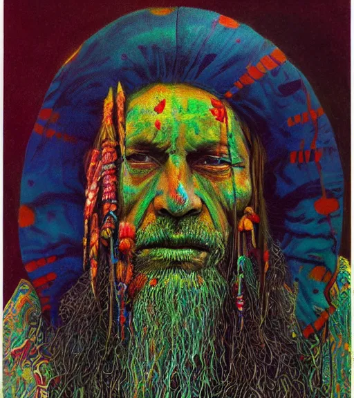 Image similar to Portrait painting in a style of Beksinski mixed with Alex Grey of an old shaman dressed in a colorful traditional clothes.