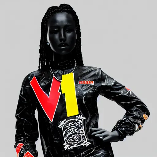 Image similar to black marble statue of a beautiful woman with colorful motocross logos in the style of virgil abloh, very very beautiful, detailed, off white, heron preston, 8 k, 4 k, detailed, beautiful, symmetrical, vogue, editorial, fashion, magazine, museum lighting, museum, gallery