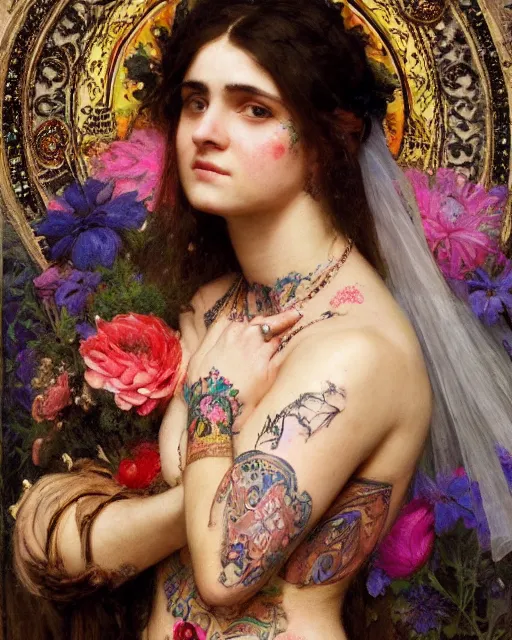 Image similar to a beautiful girl in a wedding dress with colourful tattoos surrounded by colourful flowers orientalist intricate portrait by john william waterhouse and edwin longsden long and theodore ralli and nasreddine dinet, oil on canvas. cinematic, hyper realism, dramatic lighting, high detail 8 k