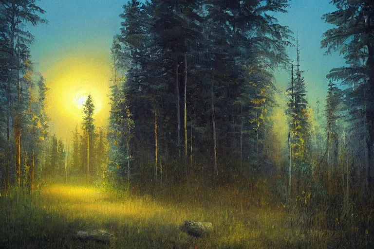 Prompt: A beautiful painting of The edge of the Russian forest in summer at night, Trending on artstation.