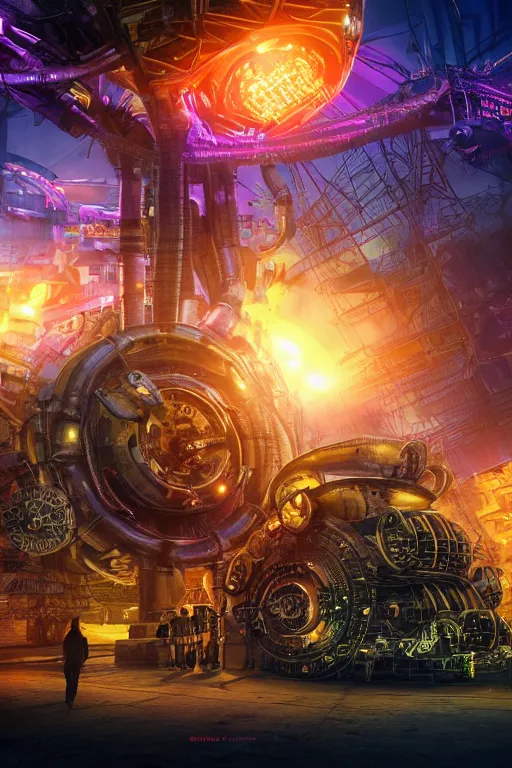 Image similar to a movie poster, invasion of the tripmachines, realistic digital art, 3 d render of a huge futuristic steampunk generator inside a steampunk machinery, 8 k, fluorescent colors, halluzinogenic, multicolored, exaggerated detailed, unreal engine