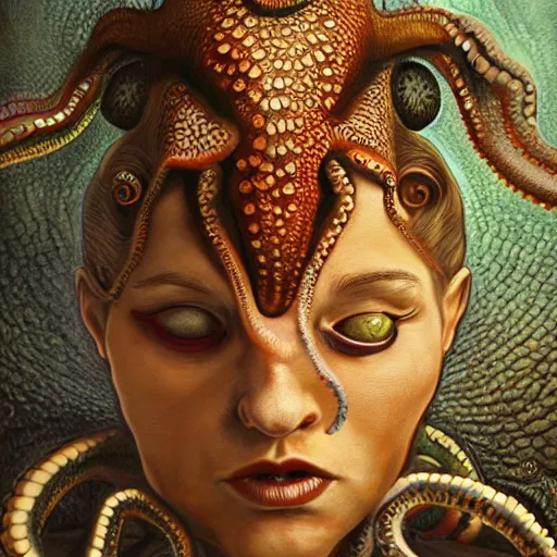 Image similar to octowoman, half woman, half octopus, lovecraftian horror!, surrealism, fantasy, intricate, elegant, highly detailed, digital painting, realistic shading, cinematic composition, hdr, photorealistic, 3 5 mm film, concept art, artstation, matte, sharp focus, illustration, art by keith thompson and christopher lane