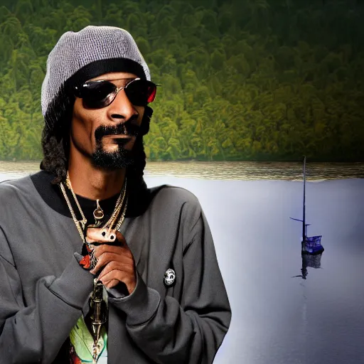 Prompt: A photo of Snoop Dogg standing on a fishing boat with cannabis plants in the background, 4k, hd, medium shot, highly detailed, cinematic