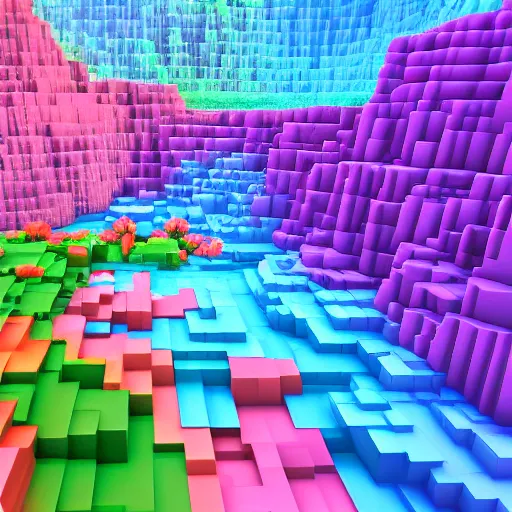 Image similar to a beautiful waterfall, 3 d voxel art, pastel tones