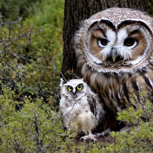 Prompt: an owlbear and its young out in the wild