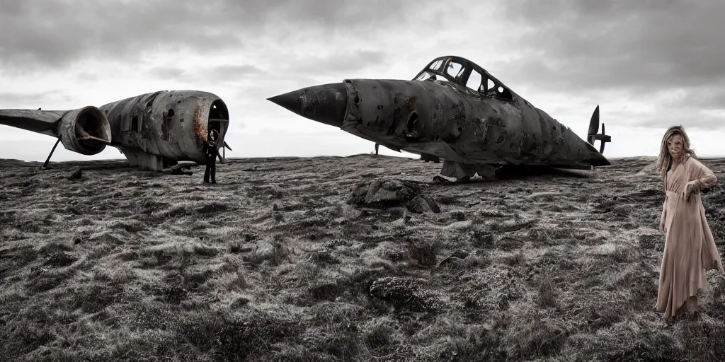 Image similar to a breathtaking photograph of windswept dunes scandinavian landscape, a beautiful woman in oscar de la rents standing beside a destroyed fighter plane + stone in center, ultra wide shot, cinematic, 8 k, dramatic lighting