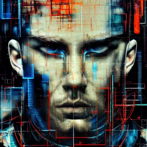 Prompt: hyperrealistic portrait of a cyberpunk man in cyberspace, young man, by Guy Denning, Johannes Itten, Russ Mills, hacking effects, detailed lines, color blocking!, acrylic on canvas, insane detail, intricate, front view, symmetrical, octane, concept art, abstract, artistic, 8k, cinematic, trending on artstation