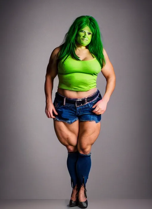 Image similar to A full portrait photo of real-life women hulk, f/22, 35mm, 2700K, lighting, perfect faces, award winning photography.