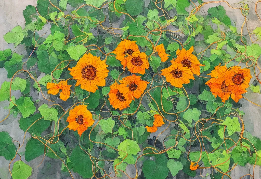 Image similar to award winning fine artwork about entangled sunflowers and falling nasturtiums with vines