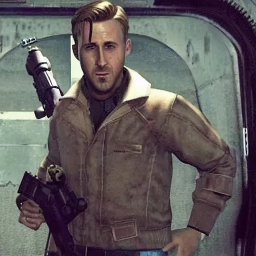 Image similar to ryan gosling in fallout 4 holds a minigun in his hands