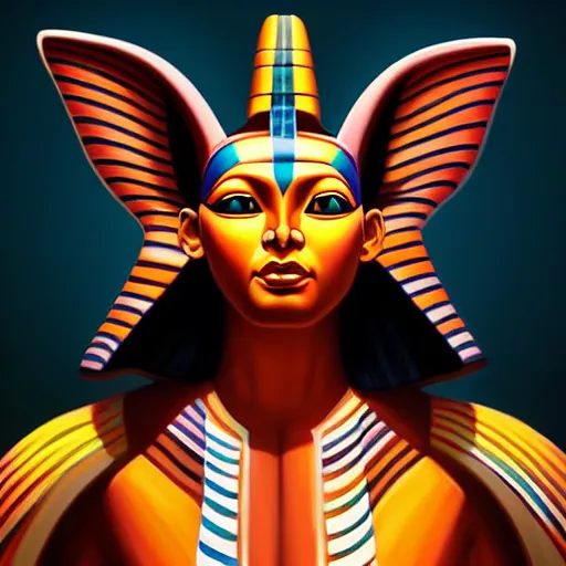 Prompt: stunning painting of futuristic avatar sphinx with x shape by masterpiece, concept art, character art, mythologic, ultra detailed face, body, eyes, alive, epic, ultimate, cinematic, sharp focus, centered, medium lighting, colorful visuality, 8 k hd artstation, high quality image