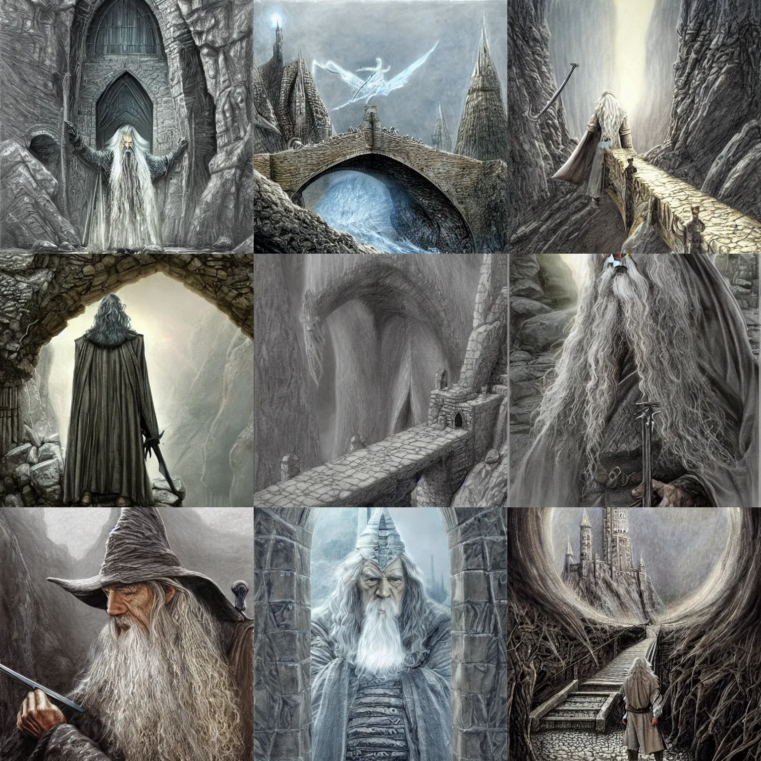 Prompt: gandalf the grey protecting the bridge of khazad dum by alan lee, intricate, highly detailed stonework, digital painting, artstation