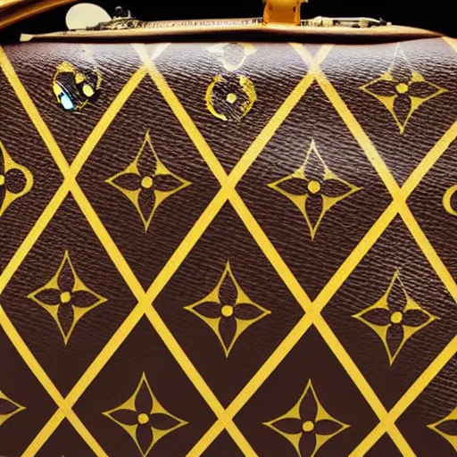 Prompt: a louis vuitton handbag in year 3000, avant-garde, art-deco style, in entrance hall of an art-deco skyscaper, photography , official vuitton editorial , highly detailed