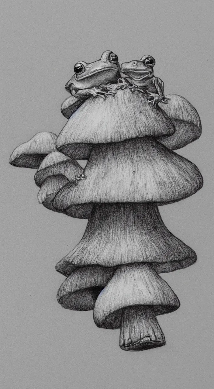 Prompt: cottagecore frog on a mushroom black and white pencil drawing on a white background