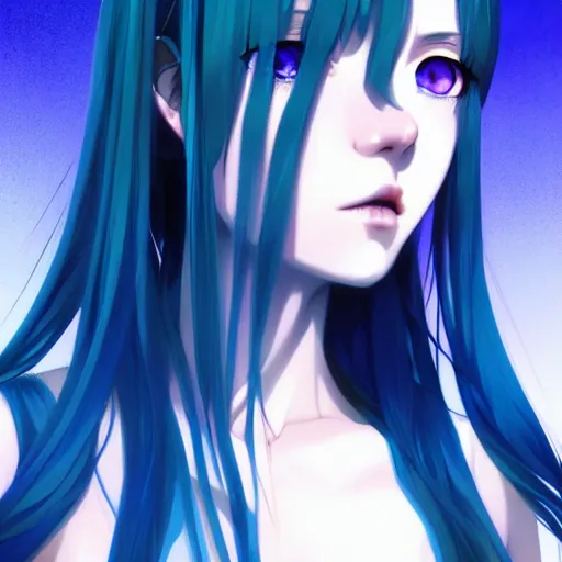Prompt: attractive long blue - haired girl with bangs gothic anime character with amber eyes, screenshot, anime, sharp focus, intricate, illustration, cell shaded, digital painting, highly detailed, concept art, matte, art by ilya kuvshinov and kyoto animation and wlop, anime character, and greg rutkowski, studio quality, masterpiece