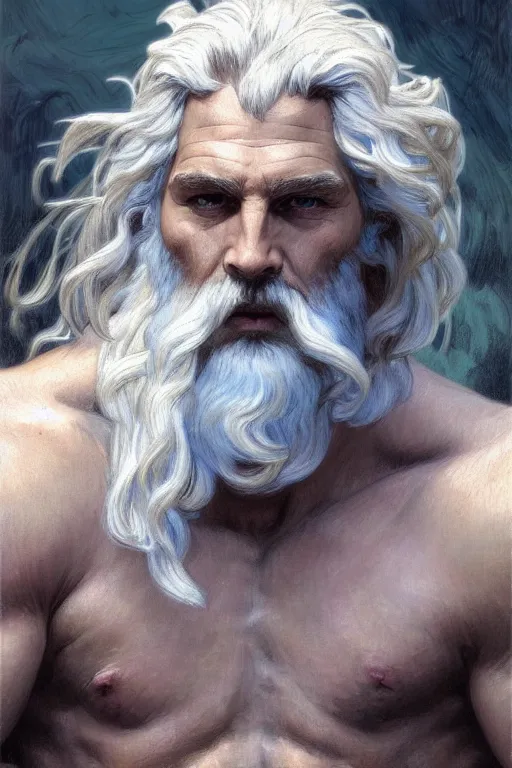 Prompt: painted portrait of rugged zeus, god of thunder, greek god, white hair, masculine, mature, handsome, upper body, muscular, hairy torso, fantasy, intricate, elegant, highly detailed, digital painting, artstation, concept art, smooth, sharp focus, illustration, art by gaston bussiere and alphonse mucha