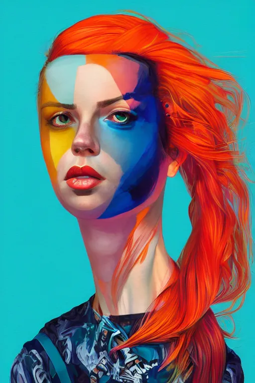 Image similar to a award winning half body portrait of a beautiful caucasian woman in a croptop and cargo pants with ombre orange blue teal hairstyle with head in motion and hair flying by martine johanna and will eisner, outrun, vaporware, digital art, trending on artstation, highly detailed, fine detail, intricate