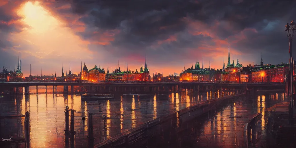 Image similar to beautiful oil on canvas painting of stockholm, dramatic lighting, cinematic, by dan mumford, by greg rutkowski, by wlop, by namek