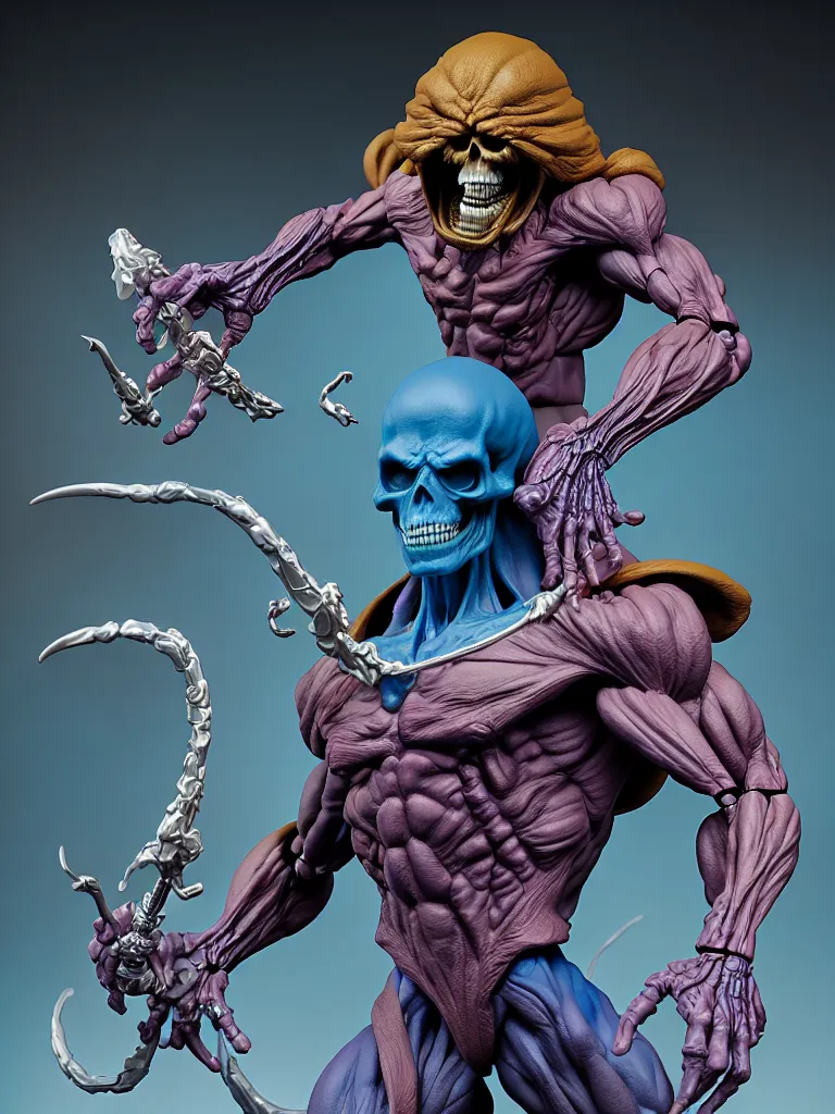 Image similar to hyperrealistic rendering, skeletor by bernie wrightson and killian eng and joe fenton, product photography, action figure, sofubi, studio lighting, colored gels