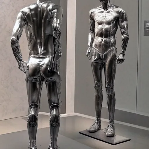 Image similar to “ a realistic detailed photo of a guy who is an attractive humanoid who is half robot and half humanoid, who is a male android, soccer player antoine griezmann, shiny skin, posing like a statue, blank stare, at the museum, on display ”