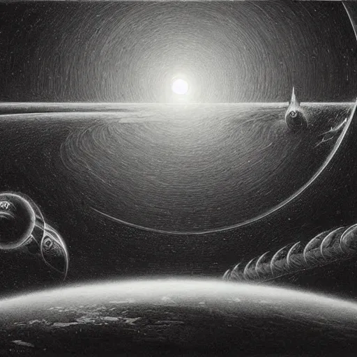 Image similar to starship, solar eclipse, looming over the earth, artstation hq, painting by gustave dore