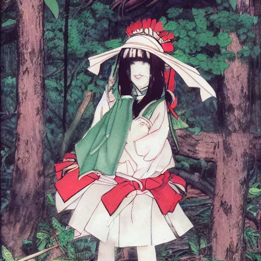 Prompt: a amano yoshitaka of reimu in the jungle wearing bonnet