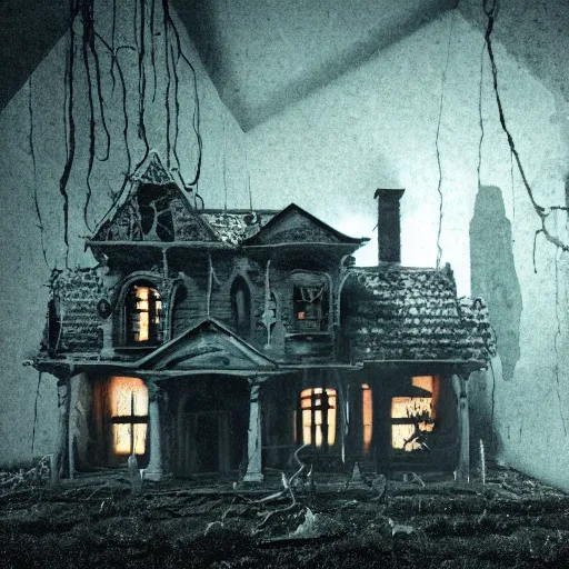 Image similar to a highly detailed photographic render of a creepy old haunted house, dark scene, inside a haunted house, camera POV, horror scene, horror, bloody, ghost, creepy, cinematic lighting, cinematic scene, Volumetric lighting, Atmospheric scene, Dark, Horror, Atmospheric lighting, Global illumination cinematic render, film, beautifully lit, ray traced, octane 3D render, octane render, unreal engine