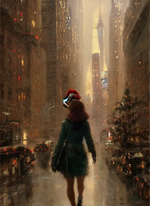 Prompt: emma stone walking into new york building, christmas, artwork by gaston bussiere, craig mullins, trending on artstation