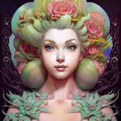 Image similar to a beautiful detailed front view portrait of princess peach with ornate growing around, ornamentation, flowers, elegant, beautifully soft lit, by wayne barlowe, peter mohrbacher, kelly mckernan