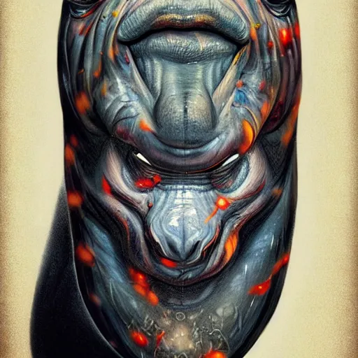 Prompt: a wlop 3 d render of very very very very highly detailed beautiful mystic portrait of a phantom undead hippo with whirling galaxy around, tattoos by anton pieck, intricate, extremely detailed, digital painting, artstation, concept art, smooth, sharp focus, illustration, intimidating lighting, incredible art,