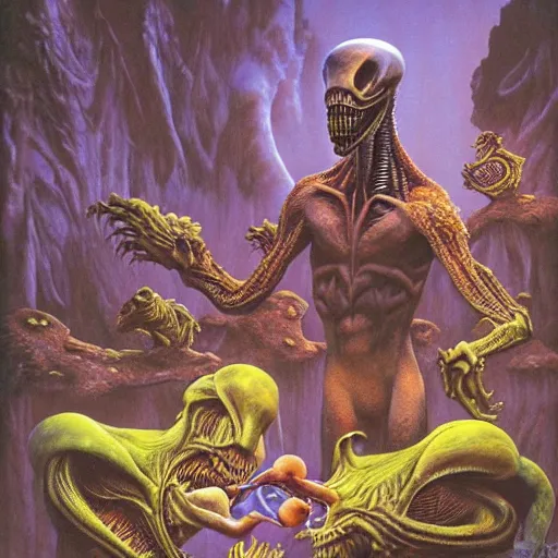 Image similar to alien creatures eating by a river, magical world, Artwork by Richard Corben + Mark Arian + Wayne Barlowe + Boris Vallejo + Julie Bell + Zdzisaw Beksinski + Ed Binkley + Mark Brooks + Jean Delvil