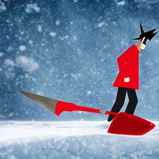 Prompt: a man holding a red snow shovel like a sword walking towards a fast-food restaurant in the background, in the style of Samurai Jack