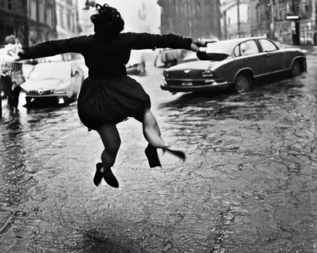 Image similar to A woman wearing a dress leaping over a large puddle in the street, the decisive moment by Henri Cartier-Bresson, photographed on a Leica camera