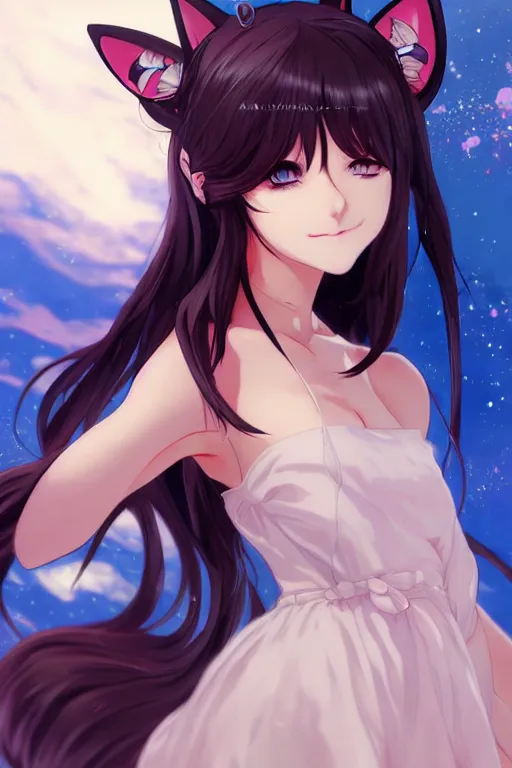 n: Wolf cute anime girl with black hair, dark blue eyes