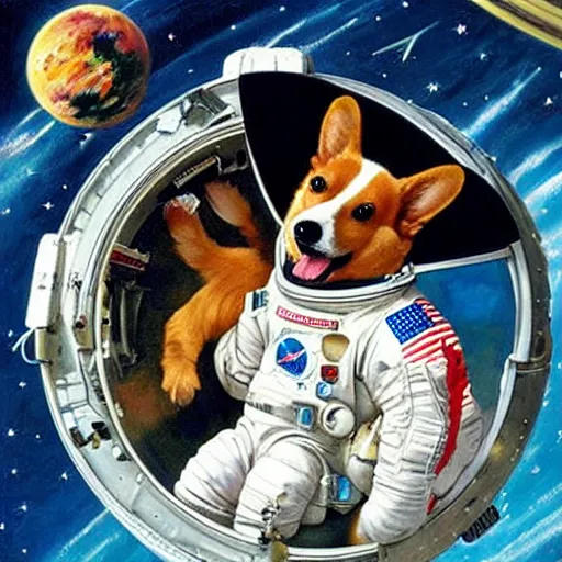 Image similar to corgi astronaut in space, beautiful painting by norman rockwell