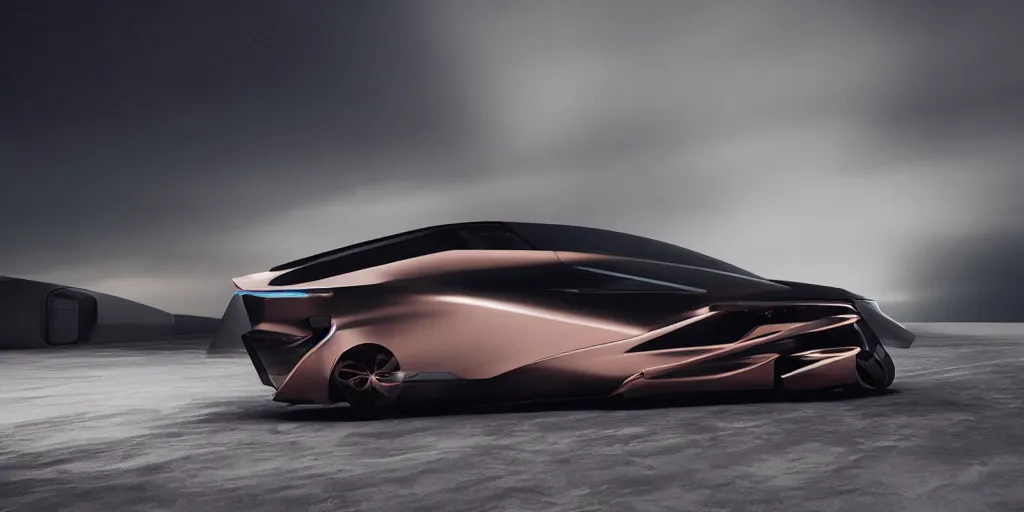 Image similar to a design of a futuristic vehicle, designed by Polestar, northern lights background, brushed rose gold car paint, black windows, dark show room, dramatic lighting, hyper realistic render, depth of field