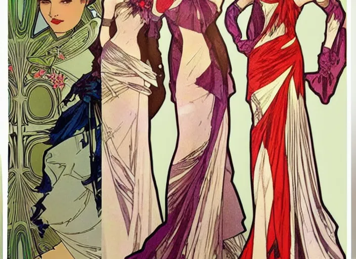 Image similar to 4 elegant full length daredevil comic dress designs with natural history prints designed by alphonso mucha