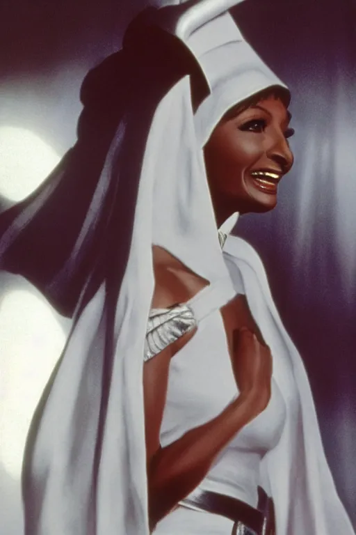 Image similar to ! dream photorealistic!! young adult nichelle nichols as princess leia, white regal gown, film quality