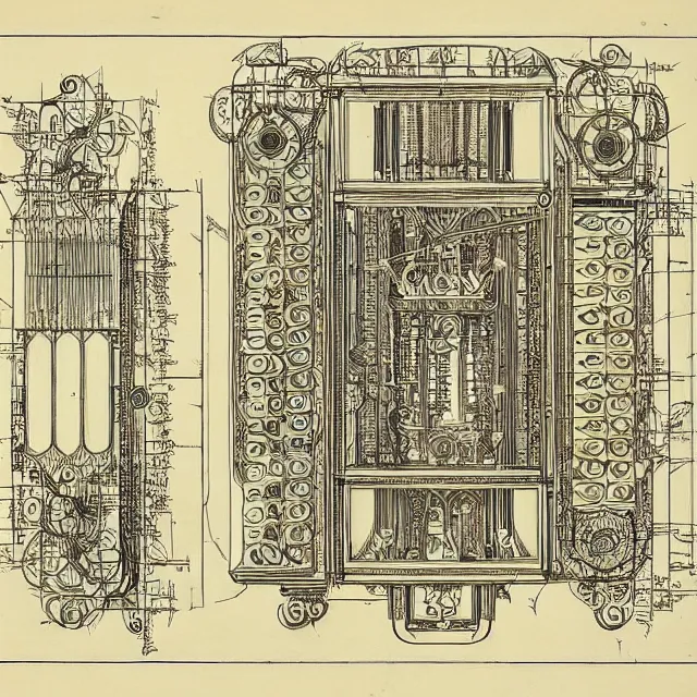 Prompt: beautiful, symmetric, art nouveau, detailed, intricate technical drawing from 1 8 4 0 with extensive written labels and covered in scribbled pencil notes, for a mechanical display attachment to babbage's difference engine, showing a screen playing tetris