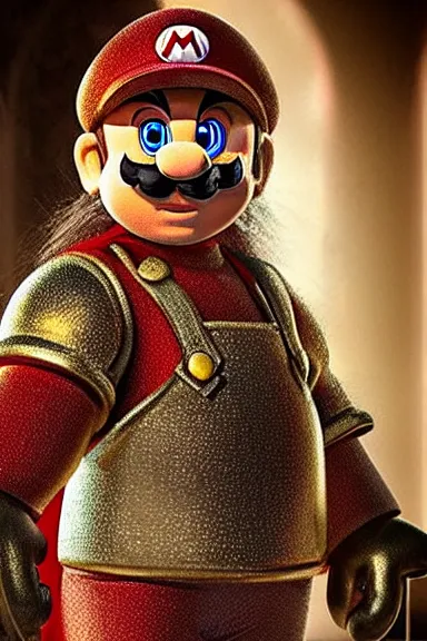 Image similar to “ very very intricate photorealistic photo of a realistic human version of super mario in an episode of game of thrones, photo is in focus with detailed atmospheric lighting, award - winning details ”