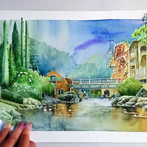 Image similar to Beautiful happy picturesque charming sci-fi town in harmony with nature. Beautiful light. Water and plants. Nice colour scheme, soft warm colour. Beautiful detailed artsy watercolor by Vincent. (2022)