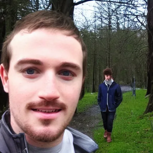 Image similar to Corran McCallum [[Corran McCallum]] facebook profile image of Corran McCallum, brown hair, blue jacket infront of trees. Young brown haired man with facial hair, photo of Corran McCallum.