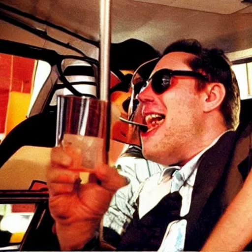 Prompt: retro photo of drunked elon musk aka bus driver in bus by hunter thompson, fear and loathing in las vegas style