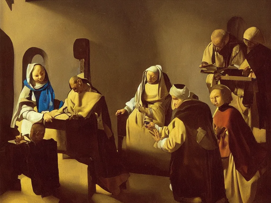 Prompt: solemn tridentine latin mass celebrated on the solemnity of the immaculate heart of mary in roman catacombs, oil painting in the style of vermeer