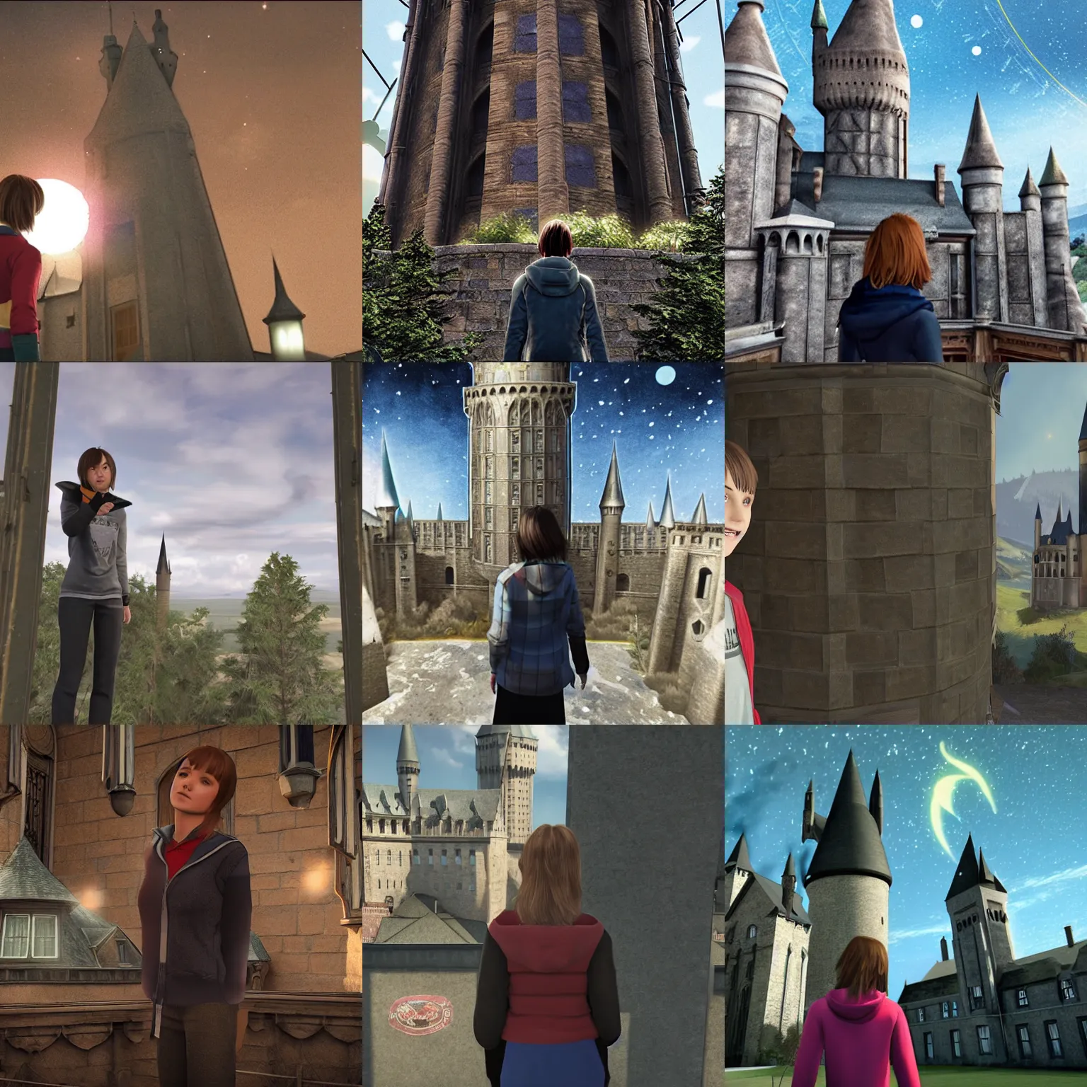 Prompt: A photo of Max Caulfield on the Astronomy Tower in Hogwarts