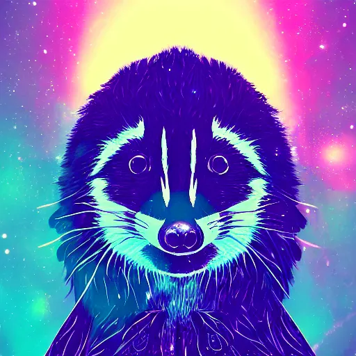 Prompt: portrait from a raccoon, feathers, bird, avian, wings, synthwave, universe background, nebula, galaxy, artstation